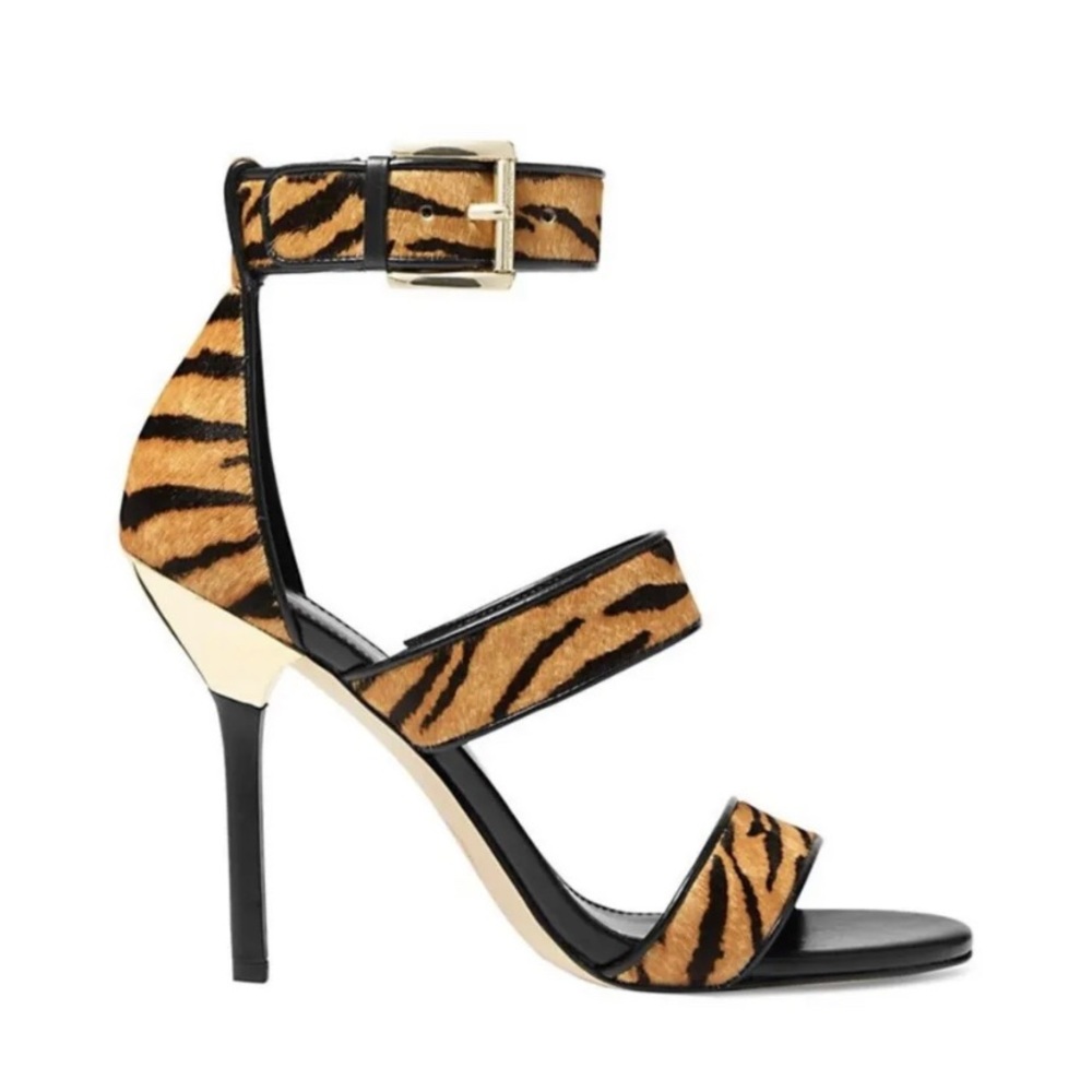 Michael Kors Womens Amal Tiger Print Calf Hair Leather Sandals Marigold - Picture 3 of 4